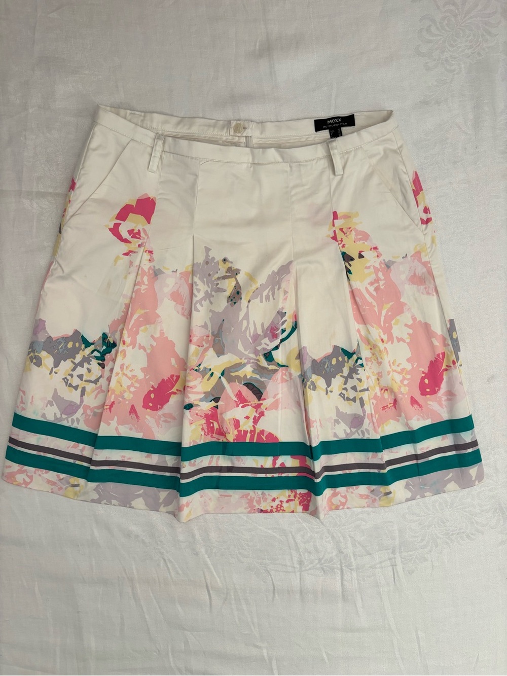 MEXX Size 10 Watercolor Floral Pleated A Line Skater Skirt Artistic Cotton Blend